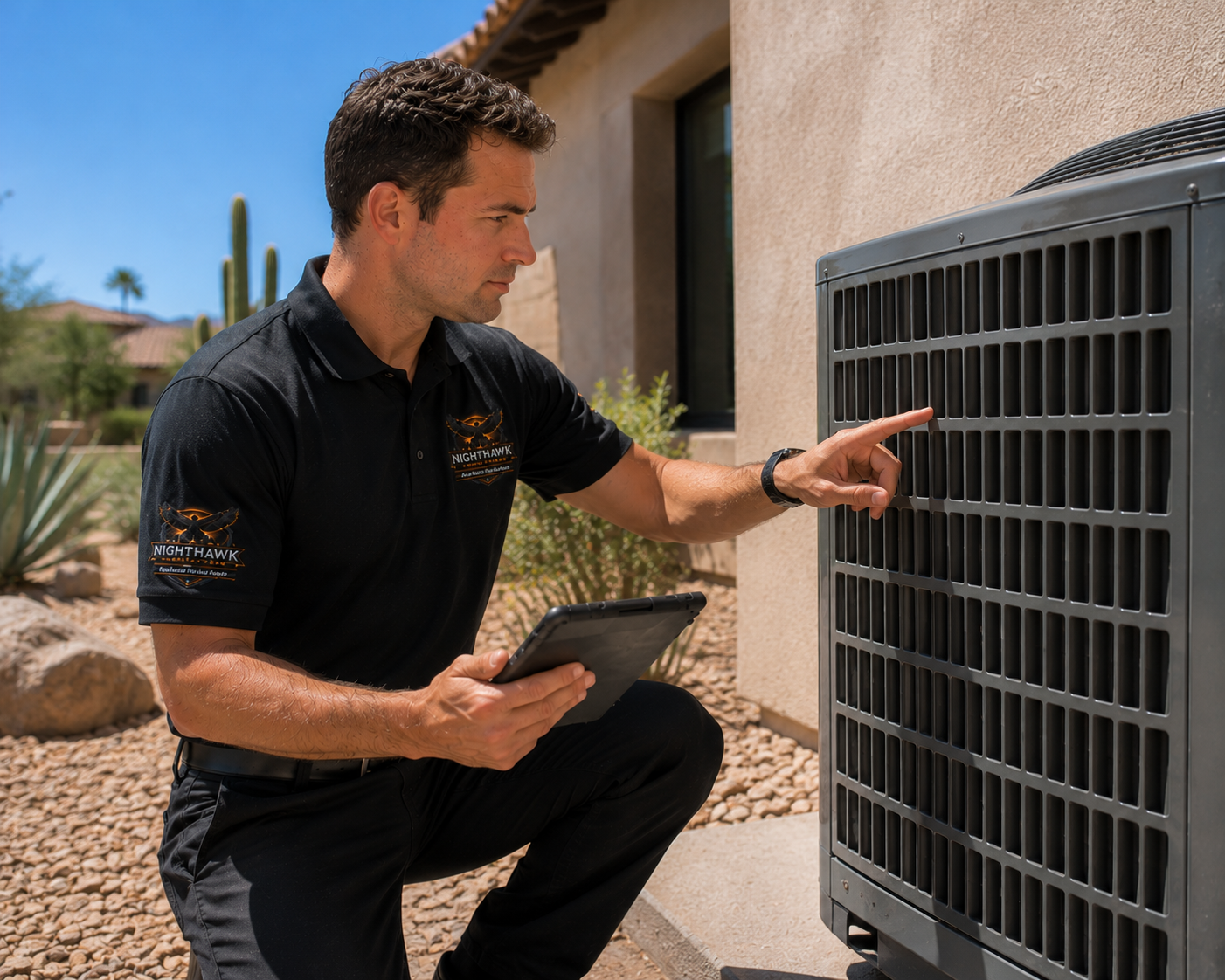 Nighthawk Property Care inspector examining HVAC unit at Scottsdale Arizona home