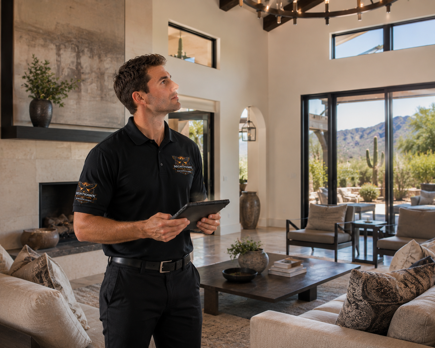 Nighthawk home watch inspector documenting interior of luxury Paradise Valley home