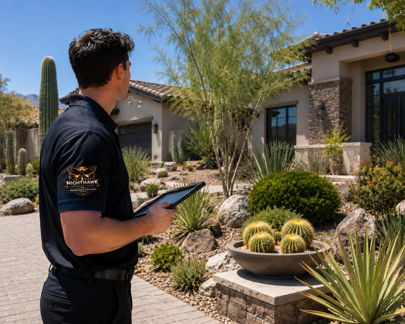 Nighthawk Property Care inspector walking exterior perimeter of luxury Scottsdale home