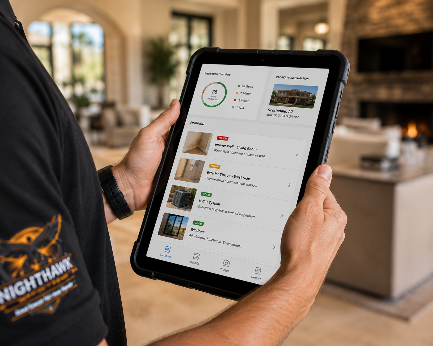 Nighthawk Property Care professional home watch inspection report on tablet showing Phoenix property findings