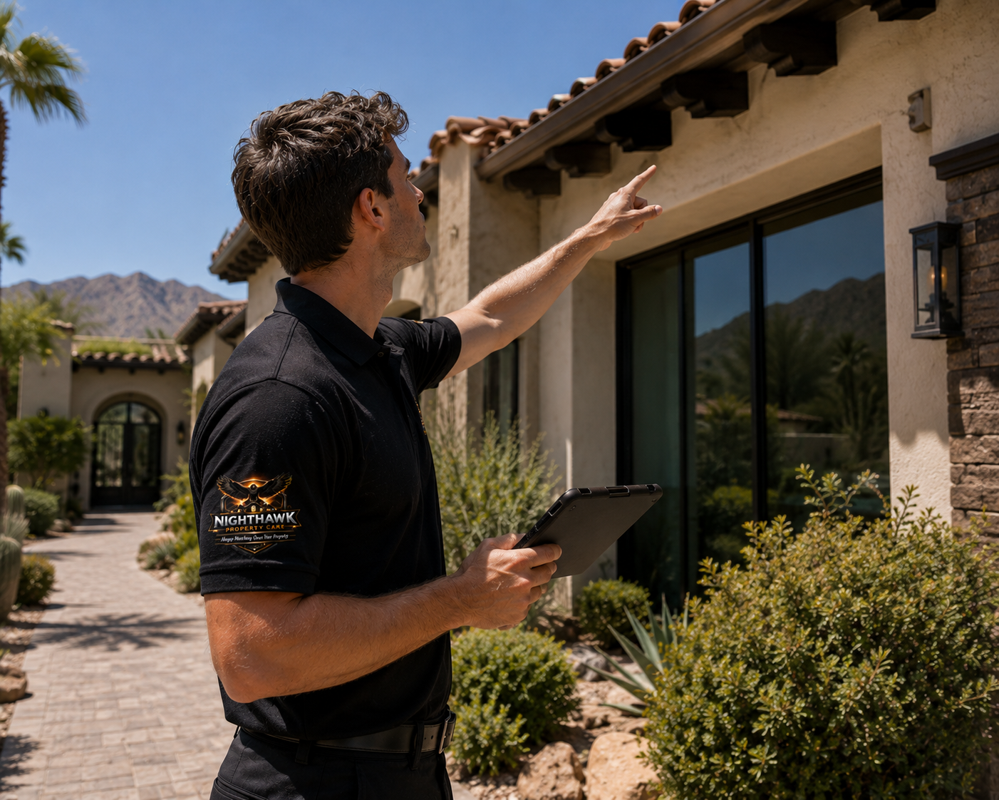 Nighthawk Property Care inspector scanning roofline of luxury Scottsdale Arizona home during property oversight visit