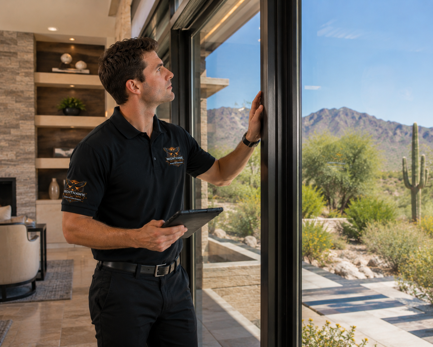 Nighthawk Property Care inspector examining window and door seals at luxury Arizona home